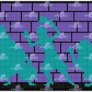 May include: Pixelated teal figures in various poses against a purple brick wall background. The design has a grid-like structure, with the figures appearing as silhouettes. The overall aesthetic is reminiscent of retro video game graphics.