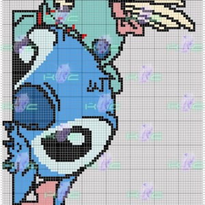 Peut inclure: Un personnage de dessin animé bleu et bleu clair avec un grand œil rond bleu et un œil noir rond plus petit. Le personnage a un nez rose et une bouche rose. Le personnage porte un chapeau bleu clair avec un nœud rose et une plume jaune. Le personnage est sur un fond de grille blanche.