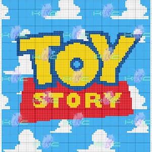 Puede incluir: Un diseño de pixel art del logotipo de Toy Story con las palabras "TOY STORY" en letras amarillas sobre un fondo rojo. El logotipo se encuentra sobre un fondo de cielo azul con nubes blancas.