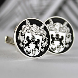 Gemelos con escudo personalizados: iniciales grabadas en plata u oro. Regalo para novios, accesorio de boda, logotipo personalizado para hombres.