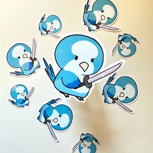 Blue Quaker Parrot Holding A Sword Sticker - Funny Parrot Stickers