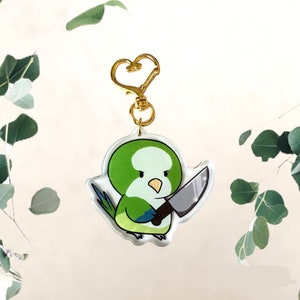 Llavero con forma de corazón de loro cuáquero con cuchillo