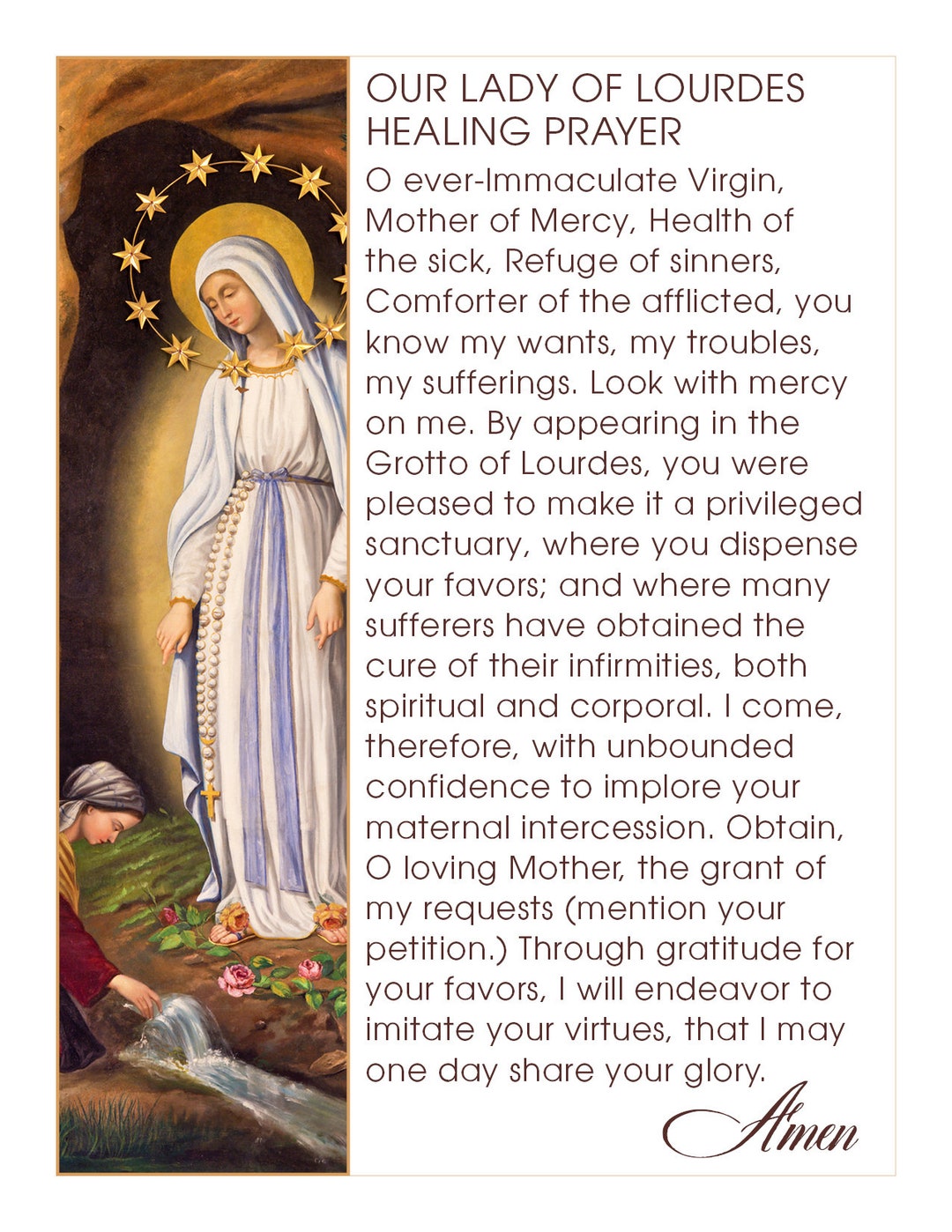 Our Lady of Lourdes Healing Prayer Card 4 on a Page Downloadable and