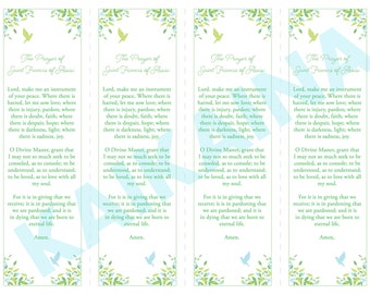 Saint Francis of Assisi Prayer bookmarks four on an 8.5 x 11 page downloadable and printable "Make me an instrument of your peace."