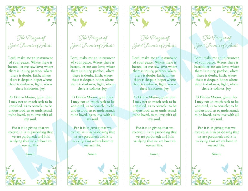 Saint Francis of Assisi Prayer bookmarks four on an 8.5 x 11 page downloadable and printable Make me an instrument of your peace. image 1
