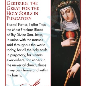 Saint Gertrude Gebet für Heilige Seelen im Fegefeuer Gebetskarte - 4 auf einer Seite herunterladbare Gebetskarte.