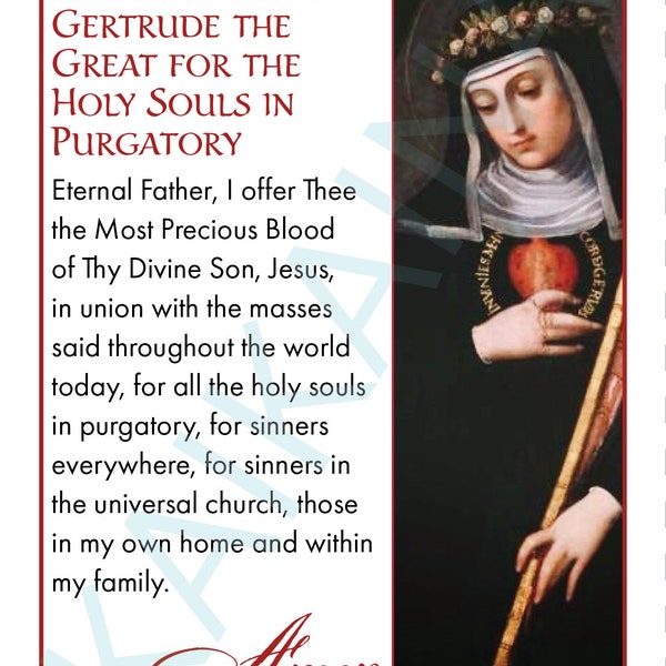 Saint Gertrude Prayer for Holy Souls in Purgatory Prayer Card - 4 on a page downloadable prayer card.