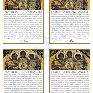 May include: A prayer card depicting a colourful illustration of the archangels Michael, Gabriel, and Raphael. The card includes the text "Prayer to the Archangels" and a prayer calling upon the archangels for protection, healing, and guidance.