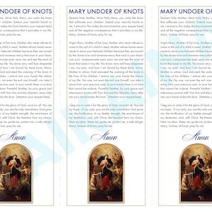 Mary Undoer of Knots Prayer Card - digitale download afdrukbare kaart 3 op een pagina - katholieke gebedskaart