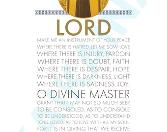 May include: A vintage-style religious print featuring a painting of Saint Francis of Assisi. The print includes a prayer asking to be an instrument of peace, with the text "Lord, make me an instrument of your peace...to eternal life. Amen."