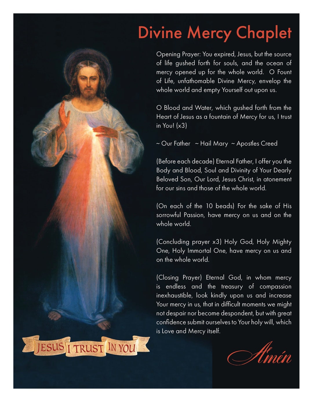 Divine Mercy Chaplet Prayer 8 5 X 11 Poster Digital Etsy