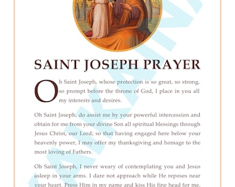 Saint Joseph Prayer poster - downloadable and printable Catholic Saint prayer poster, 8.5" x 11" DIGITAL DOWNLOAD