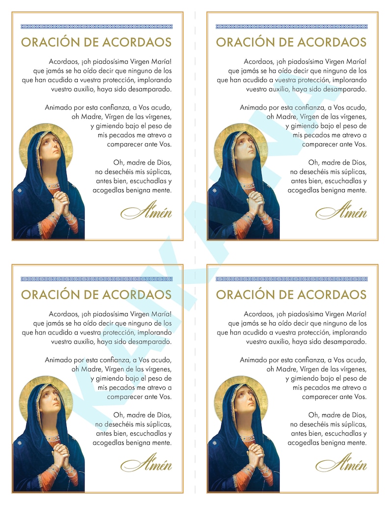 Oración de acordaos prayer card in SPANISH 4 on a page download printable Catholic prayer card DIGITAL DOWNLOAD image 2