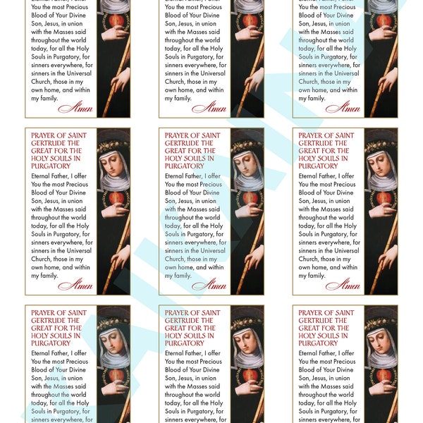 Saint Gertrude Prayer for Holy Souls in Purgatory Prayer Card - 9 on a page credit card size downloadable prayer card.