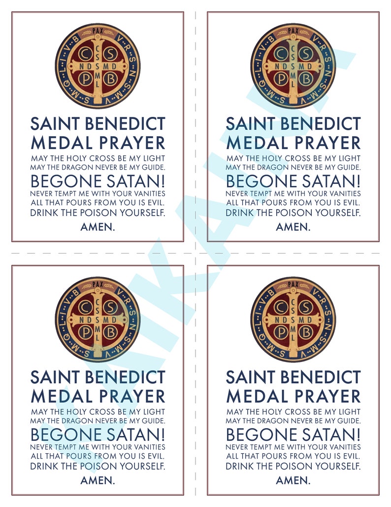 Saint Benedict Medal Prayer Card 4 on a Page Downloadable and Printable