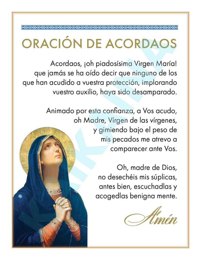 Oración de acordaos prayer card in SPANISH 4 on a page download printable Catholic prayer card DIGITAL DOWNLOAD image 1