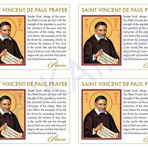 May include: Four identical cards featuring the "Saint Vincent de Paul Prayer." Each card has an illustration of Saint Vincent de Paul, text, and the words "Let All Things Be Done With Charity."