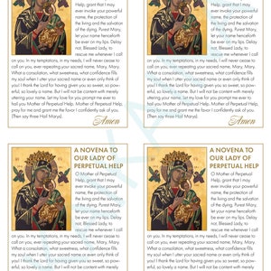 May include: A prayer card featuring a colorful illustration of Our Lady of Perpetual Help holding a baby Jesus. The card includes a novena prayer to Our Lady of Perpetual Help.