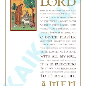 May include: A vintage-style illustration of Saint Francis of Assisi with a donkey, a lamb, and a wolf. The image is surrounded by a gold frame and a blue background. The text reads "Lord, make me an instrument of your peace... to eternal life. Amen."