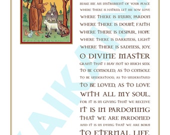 May include: A vintage-style illustration of Saint Francis of Assisi with a donkey, a lamb, and a wolf. The image is surrounded by a gold frame and a blue background. The text reads "Lord, make me an instrument of your peace... to eternal life. Amen."