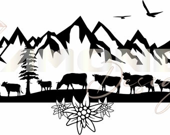 Alpaufzug Swiss Mountain Edleweiss Alpen Kühe Cow Schweizer Tradition Shillouette Plotterdatei PDF AI SVG jpeg dxf