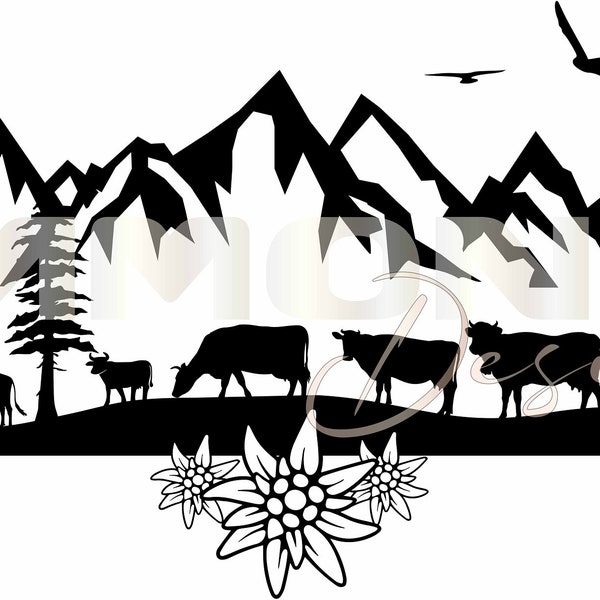 Alpaufzug Swiss Mountain Edleweiss Alpen Kühe Cow Schweizer Tradition Shillouette Plotterdatei PDF AI SVG jpeg dxf