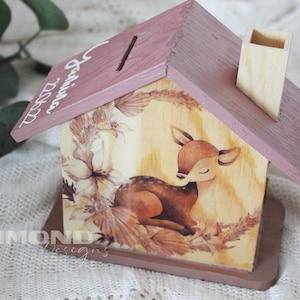 Sparkasse House Caja de Ahorros Hucha Boho Regalo de Nacimiento Regalo de Dinero Regalo de Bautismo Ciervos Animales del Bosque Caja Registradora de Madera con Nombre