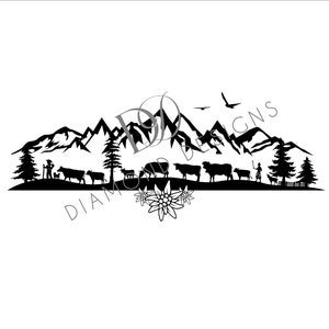 May include: Black and white silhouette of a mountain range with a herd of cows, a shepherd, and a flock of birds. The image is set against a white background.