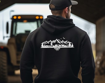 Alpine ascent, Alpine descent hoodie, pullover sweatshirt with hood, gift for nature lovers, farmers, hiking, men, cows, mountains, landscape, silhouette