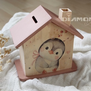 Sparkasse Savings Bank Money Box Birthday Gift Birth Gift Christening Gift Penguin Girl Personalized Name Date of Birth