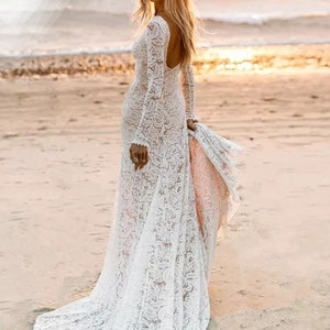 Lace Wedding Dress Long Sleeve Side Slit Backless Beach Bride Dresses sizes 8 and 10 ready to ship image 3