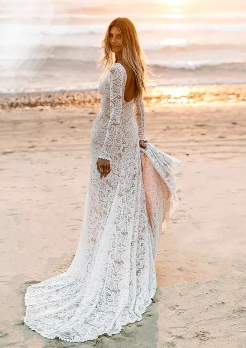 Lace Wedding Dress Long Sleeve Side Slit Backless Beach Bride Dresses sizes 8 and 10 ready to ship image 3