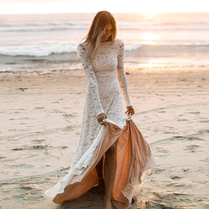 Lace Wedding Dress Long Sleeve Side Slit Backless Beach Bride Dresses sizes 8 and 10 ready to ship image 1