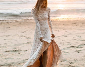 Lace Brautkleid Langarm Side Slit Backless Strand Braut Kleider (Größen 8 und 10 sofort lieferbar)