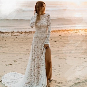 Lace Wedding Dress Long Sleeve Side Slit Backless Beach Bride Dresses sizes 8 and 10 ready to ship image 2