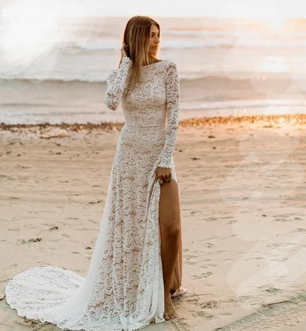 Lace Wedding Dress Long Sleeve Side Slit Backless Beach Bride - Etsy