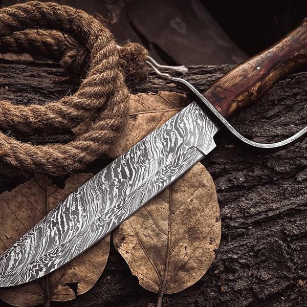 Damascus Hunting Bowie Knife with Sheath, 15.25" Handmade Survival Knife for men with Rose Wood Handle, Finger Guard Bowie, fathers day gift