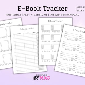 Könnte beinhalten: Vier druckbare E-Book-Tracker-Blätter mit schwarzem Text und Umrissen. Die Seiten zeigen verschiedene Layouts, darunter Raster mit Buchsymbolen und Sternebewertungen sowie linierte Tabellen zur Erfassung von Autor, Titel und Fortschritt.