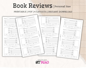 May include: A set of four printable book review templates in personal size. Each page features multiple sections with fields for book number, title, author, genre, pages, start date, end date, and a five-star rating system with icons for books and audiobooks.