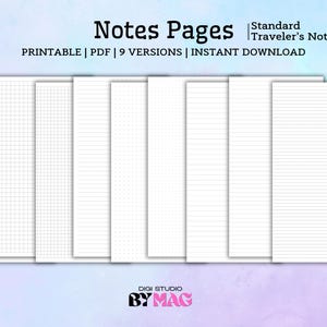 Puede incluir: Nueve hojas de papel blancas para un cuaderno de viajero estándar, con varios diseños que incluyen líneas horizontales, cuadrículas y puntos. El texto dice Notes Pages Standard Traveler's Notebook, PRINTABLE | PDF | 9 VERSIONS | INSTANT DOWNLOAD.
