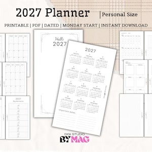 May include: A 2027 personal size planner printable PDF with a Monday start. The set includes various page layouts such as monthly calendars, a yearly overview, and grid pages. The text 2027 Planner, Printable, PDF, Dated, Monday Start, Instant Download is visible.