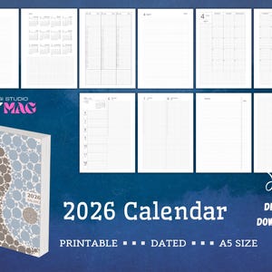 May include: A digital download of a 2026 calendar with a cover featuring a pattern of brown and blue circles. The calendar includes pages for notes, yearly and monthly views, and daily planning. The text reads "2026 Calendar, Printable, Dated, A5 Size, Digital Download."
