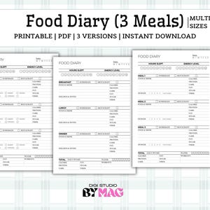 May include: Three black and white printable food diary pages with sections for breakfast, lunch, and dinner. Each page includes fields for date, hours slept, energy level, food and drink, calories, protein, carbs, fat, sugar, fiber, and water intake.