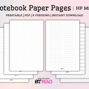 Puede incluir: Un conjunto de páginas de papel de cuaderno blanco con varios diseños, incluyendo patrones de líneas, puntos y cuadrículas. El texto en la parte superior dice "Notebook Paper Pages | HP Mini". El texto en la parte inferior dice "DIGI STUDIO BY MAG".