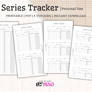 May include: A printable series tracker document in personal size featuring four distinct layout versions. Each page includes fields for title, author, and books in series, with columns for tracking finished status and ratings using checkboxes and stars.