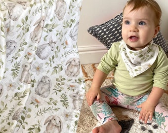 Organic Muslin Easter Bunny Print, Bib Set, Bamboo Cotton Baby Swaddle, Newborn Swaddle Blanket, Easter Gift For Baby, Baby Shower Gift