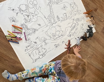 Safari Animals Extra Large Colouring Cloth Set for Kids, Children's Washable Colour In Cloth, Art Craft Giant Colouring Mat with Crayons