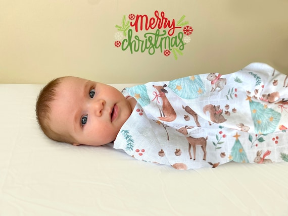 Christmas Woodland Animals Organic Muslin Blanket Extra Large