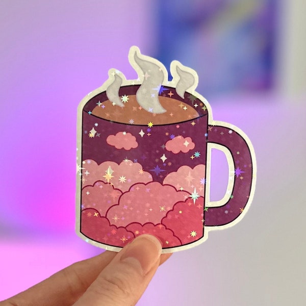 Coffee Mug Holographic Sticker, Purple + Pink, Dreamy Cozy Cup | Water Resistant Vinyl Sticker | For Tablets, Notebooks, Water Bottles