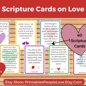 40 tarjetas de las Escrituras sobre el amor, tarjetas de versículos imprimibles, versículos de la Biblia para memorizar, tarjetas de las Escrituras para niños, tarjetas de las Escrituras para mujeres, minitarjetas de versículos